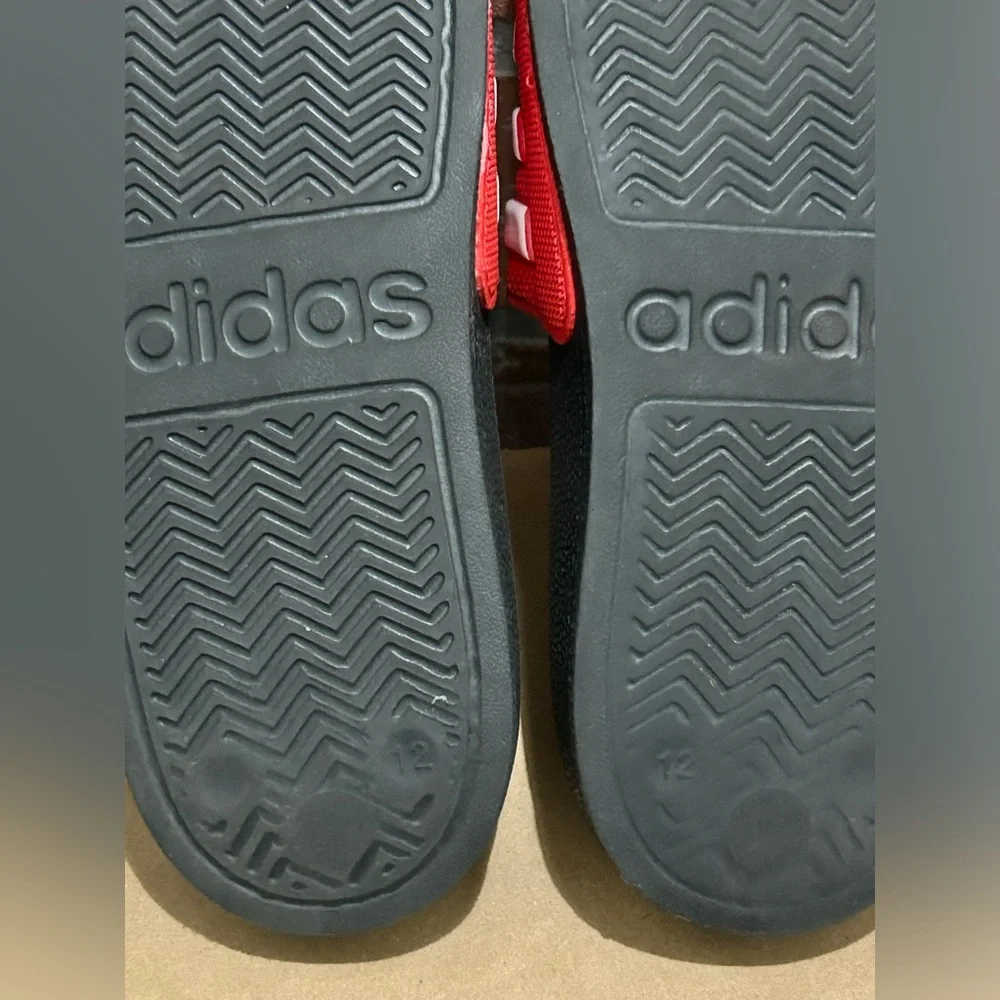 Adidas little boys slides, red w/3 stripe white like new preowned size US 12